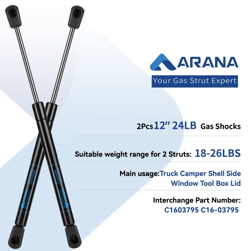 ARANA C16-03795 Gas Struts 12 inch 24LB/107N, C16-33420A C16-09903 12 inch Gas Shock Lift Supports for Leer Camper Shell Topper Window Truck Canopy Cap Toolbox Snugtop Replacement Parts, 2Pcs - Image 2